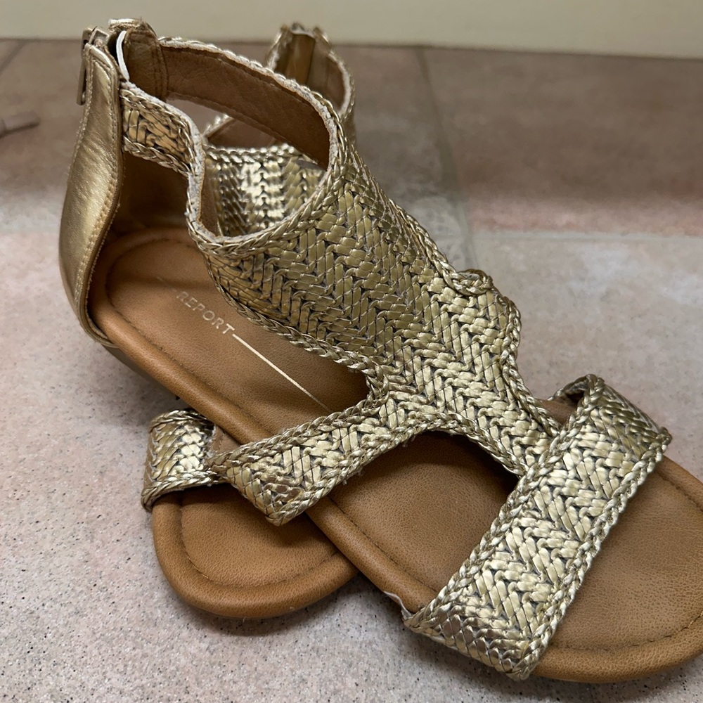Report gold gladiator sandal size 8